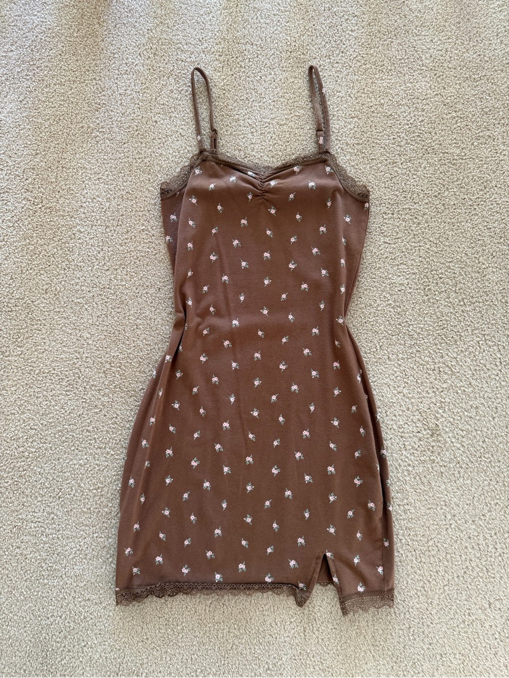 H&M Brown Floral Slip Mini Dress with Lace Trim
